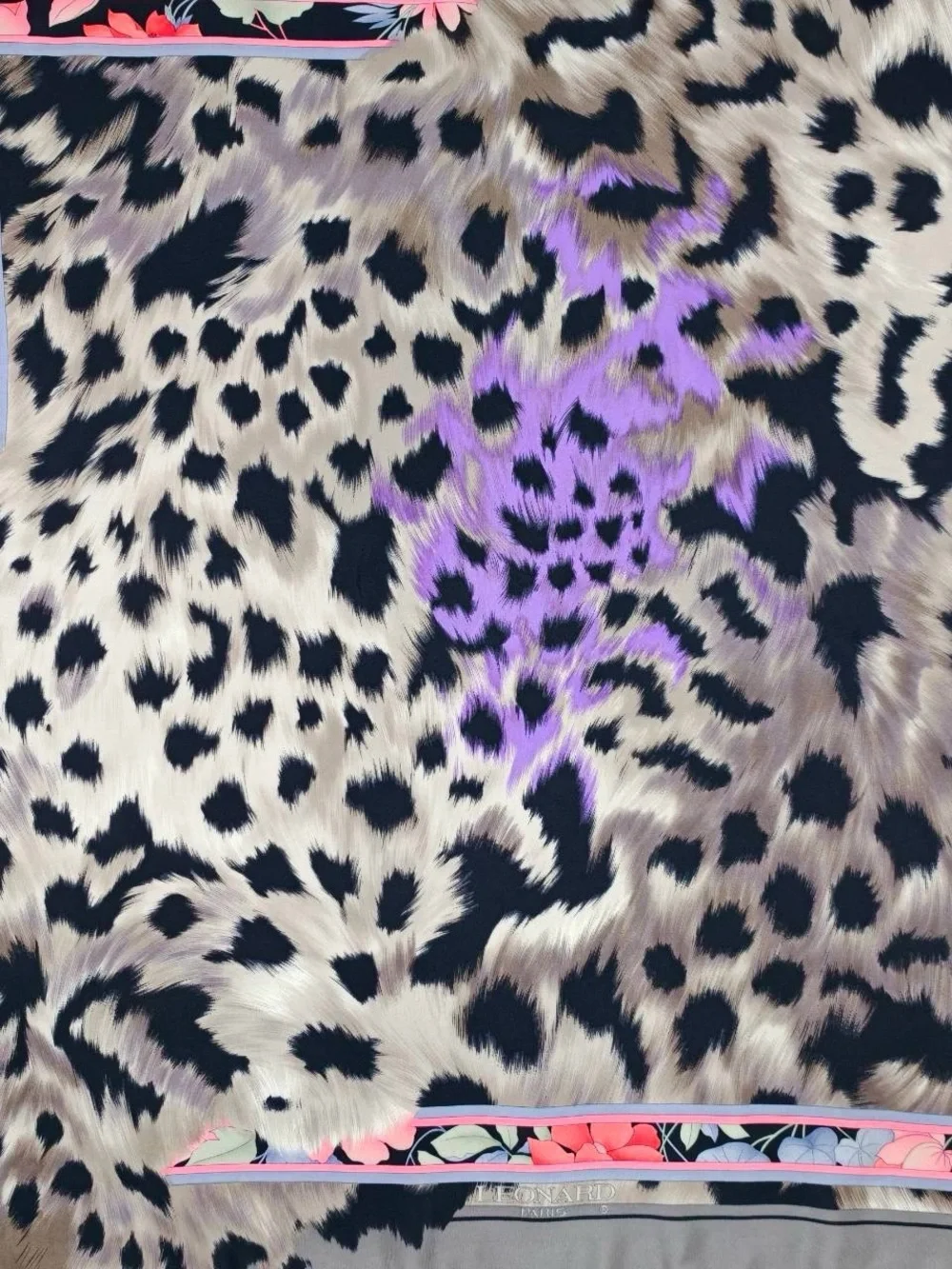 Leonard vintage silk scarf -Print Faux Fur Scarf with Purple Accent - Silk